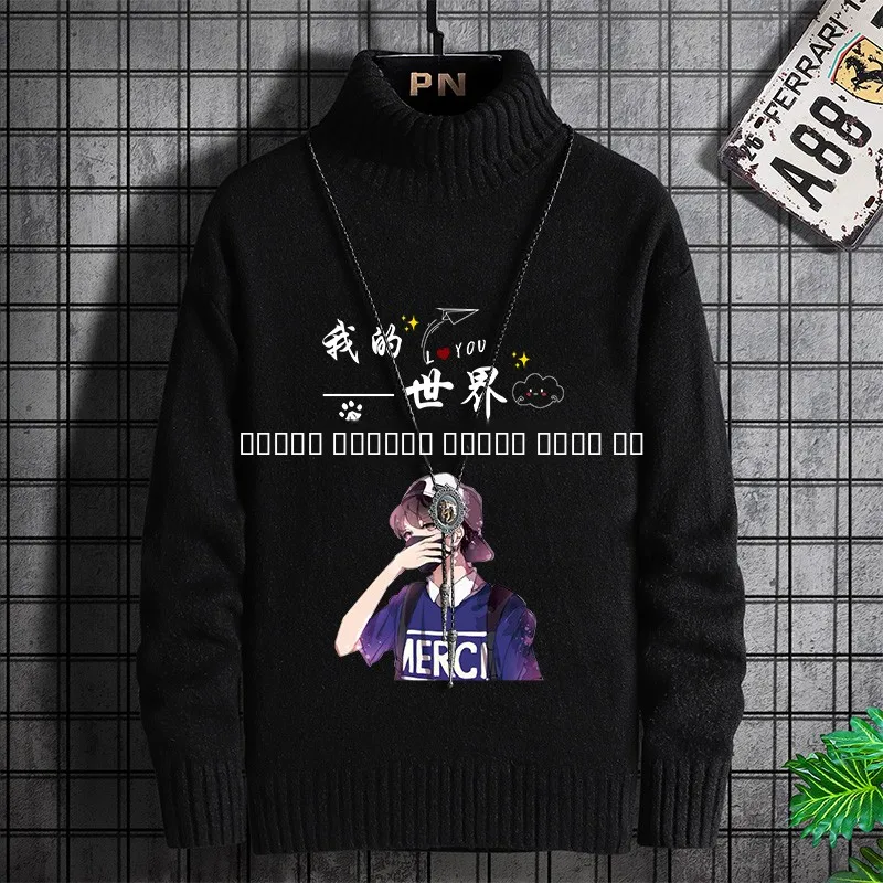 

Men's Autumn Winter High Ne Long Sve Fce Lined Loose Knitted Sweater Trendy Casual Top for Students And Teenagers