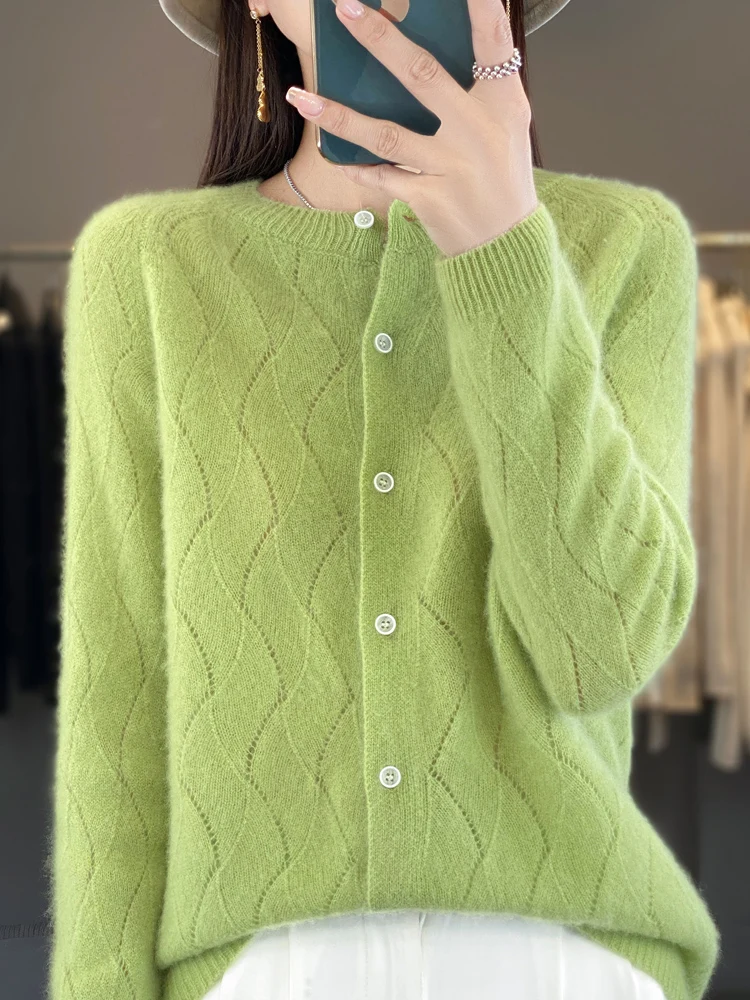 New Women 100% Merino Wool O-Neck Buttoned Cardigan Spring Autumn Cashmere Sweater Quality Soft Knitwear Casual Tops Clothing