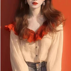 Vintage Women's Blouses Spring/Summer New Patchwork Korean Shirts Loose Ruffle V-neck Top Women Clothing Sales