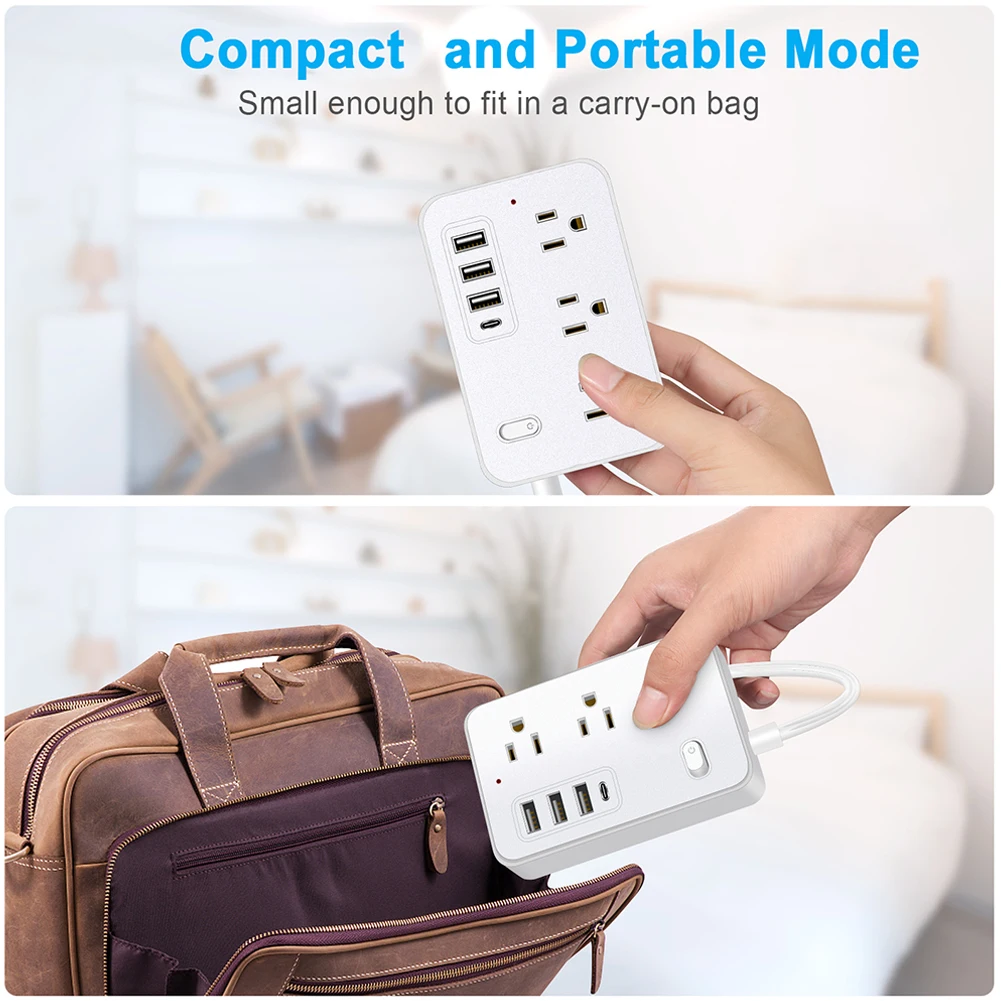 5Ft عرام حامي قطاع الطاقة 6 منافذ التيار المتناوب شقة التوصيل تمديد الحبل 4 منافذ USB (1 USB C) محول الطاقة لغرفة السفر المدرسية