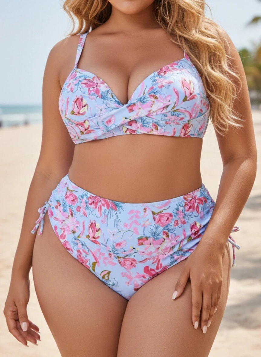 Women Plus Size Bikini 2026 Sexy Floral Print Swimsuit Large Size Top High Waist Bottom Two Piece Bathing Suit Curvy Beach Wear