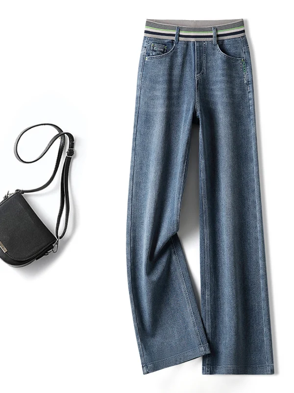 High Waist Wide Leg Denim Jeans Women's Autumn Winter Thickened Fleece Narrow Version Straight Leg Pants plus Size