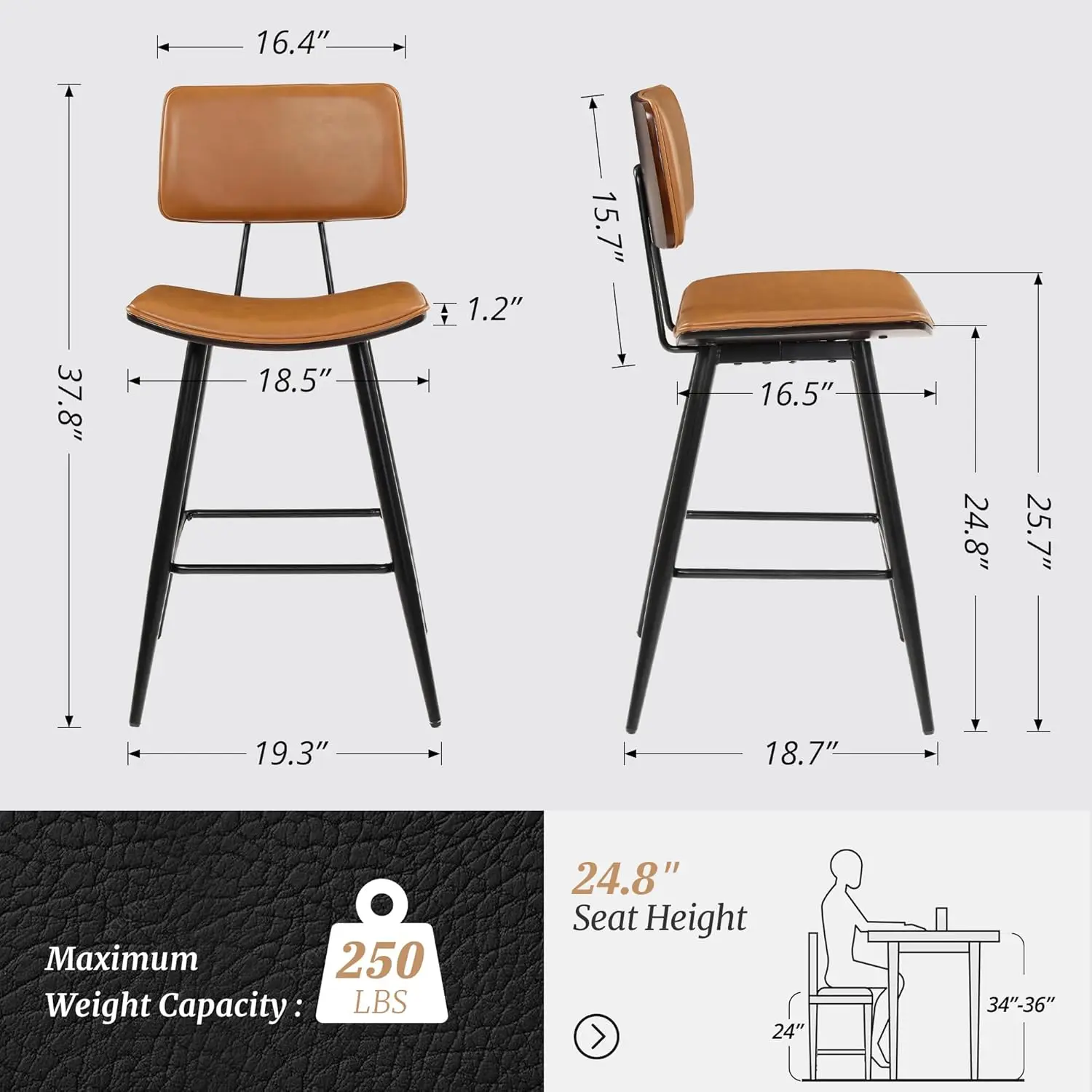 Bentwood Counter Height Bar Stool Set of 4, Whiskey Brown PU Leather Upholstered Barstools with Back, Footrest and Metal Legs, B