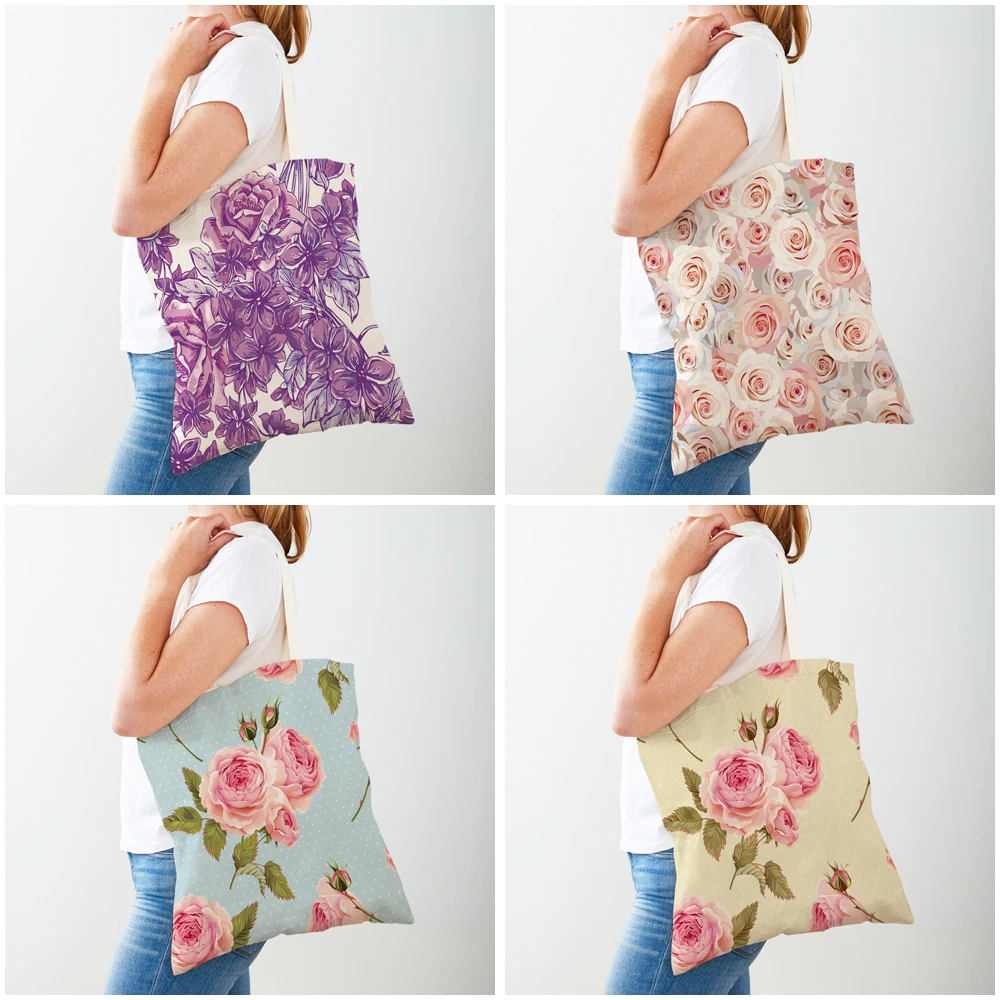 Bolsa de compras feminina de ambos os lados, desenho animado, rosa, floral, pássaro, bolsa reutilizável, planta, flor, estampa, casual, sacola de compras de lona