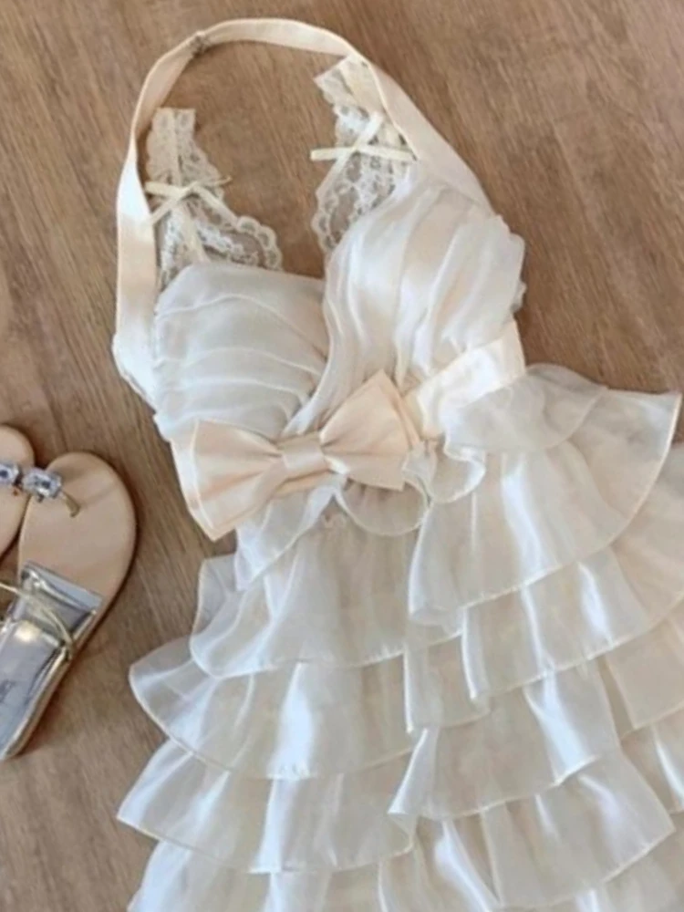 French Sexy Style Sweet Bow Dress Women Pure Desire Hang Neck Party Elegant Dresses Summer New Fashion Slim Retro Clothing 2025