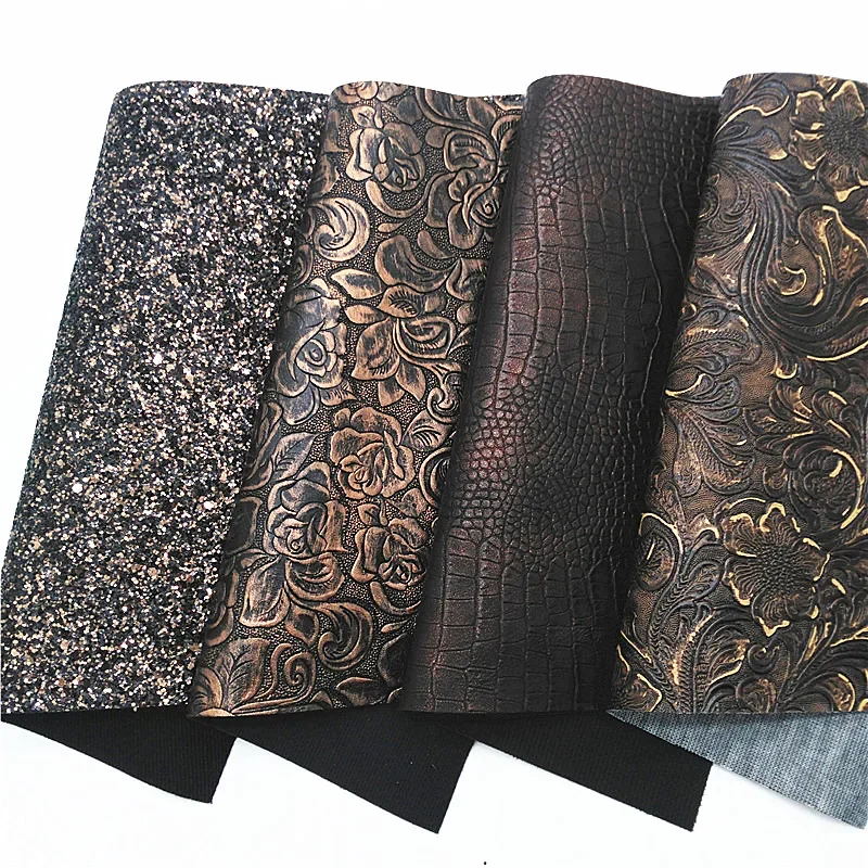 Gold Black Chunky Glitter Leather Sheets Vintage Metallic Embossed Leather with Roses Crocodile Grain For Bows DIY 21x29CM Q1023