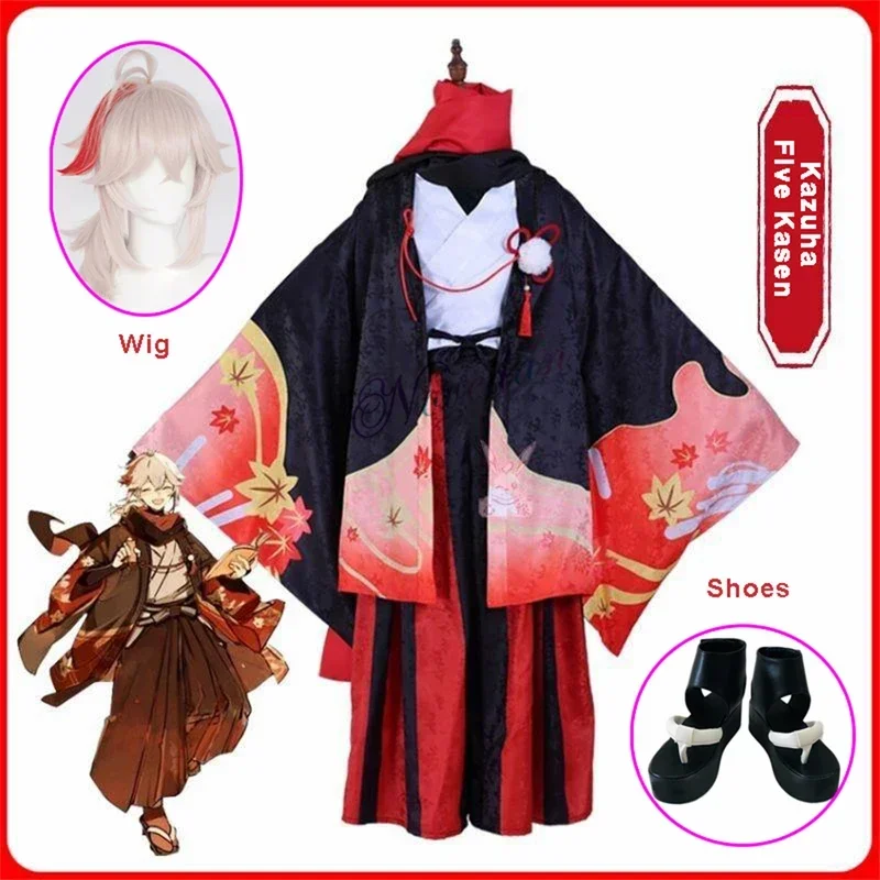 Anime Vijf Kasen Kaedehara Kazuha Cosplay Kimono Halloween Carnaval Samurai Kostuum Prop Pruik MN5