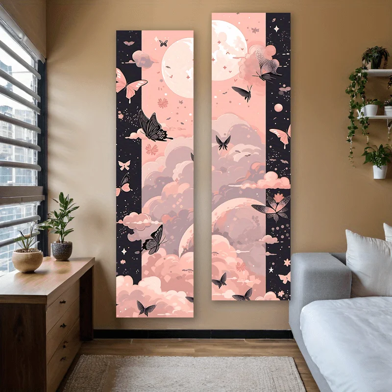 Traumhafter Mondlicht-Schmetterlings-Wolken-Wandteppich, vertikal, rosa und gold, ästhetischer Wandbehang für Schlafzimmer oder Wohnzimmer, Dekoration für Schlafzimmer