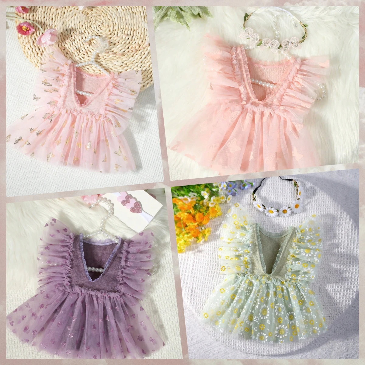 Ylsteed Newborn Girl Photoshoot Outfits Baby Girl Mesh Dress Romper with Headband One Hundred Days Infant Picture Outfits Props