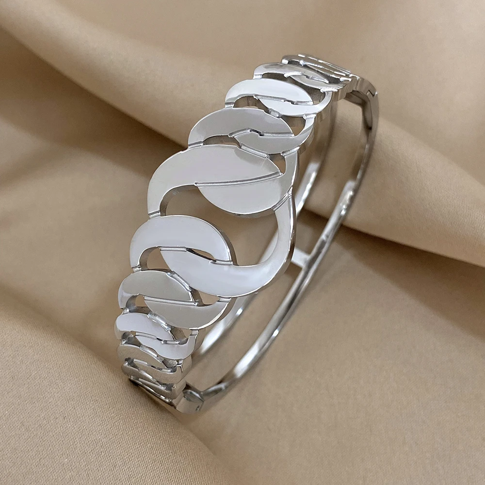 Flashbuy Trendy Silver Color Stainless Steel Bangle Bracelets for Women Statement Geometric Rhinestone Zircon Accessories Gift