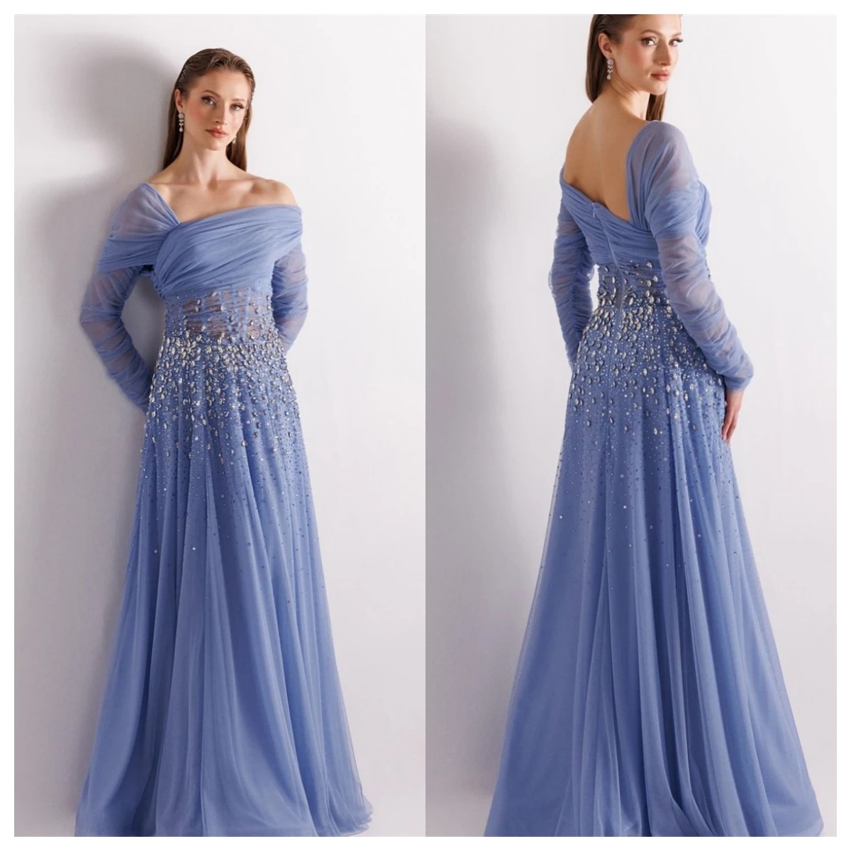 Customized Exquisite Blue Chiffon Evening Dress Square Collar Long Sleeves Celebrity Gowns Bespoke Occasion Gowns Crystal