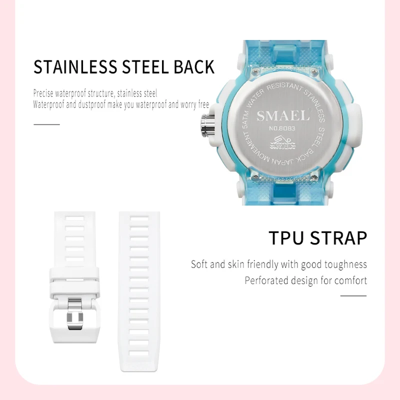 SMAEL-relojes deportivos a la moda para mujer, pulsera multifuncional LED Digital de cuarzo, resistente al agua, color blanco