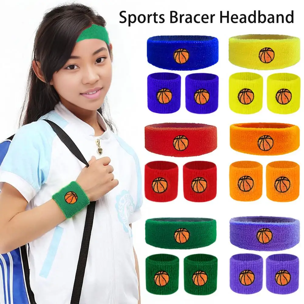 Breathable Wristband Kids Sports Headband Wristband Set with Ball Embroidery Stretchy Breathable Sweat Absorbing for Boys