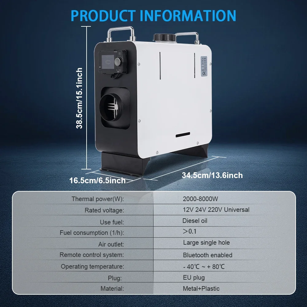 2/8KW New Diesel Air Heater White vertical 12V/24V/220V Bluetooth Car Heater with Silencer Remote Control for Car Truck Boat RV