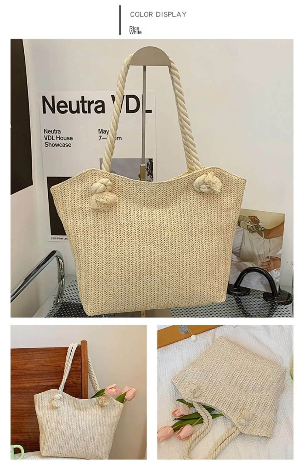 Neue Sommer-Strandtasche mit Großer Kapazität, Raffia Boho Schultertasche, Henkeltasche für Damen – Detail 8