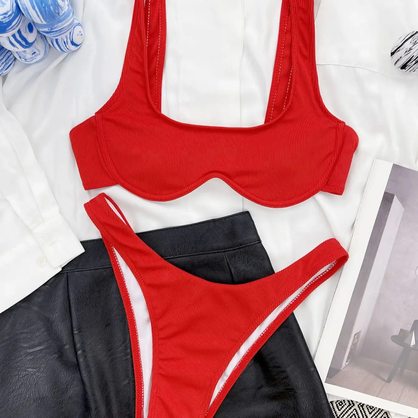 

DEKA бразильский комплект бикини на косточках, женский однотонный треугольный неоновый розовый купальник, бандажный купальник с открытой спиной, пляжная одежда, бикини