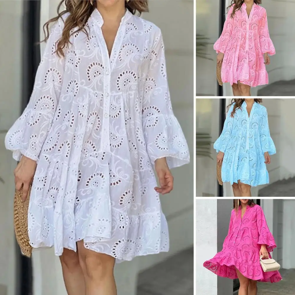 

Women's Summer Vintage Lace Dress Loose Embroidered Hollow Out Dress Breathable Comfortable Elegant Mini Dress Lady Supply