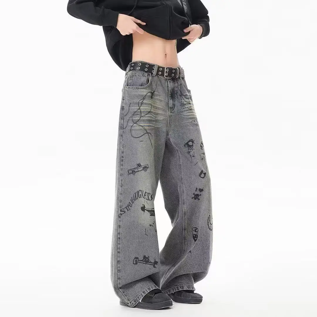 Personalized Graffiti China-Chic Jeans Women's Gradient High Street Pants Elastic Loose Straight Pants