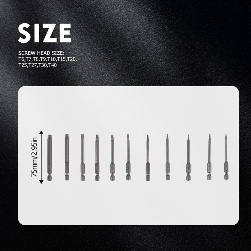 11 peças 75mm pontas de chave de fenda magnéticas de aço s2 cabeça torx hexagonal t6/t7/t8/t9/t10/t15/t20/t25/t27/t30/t40