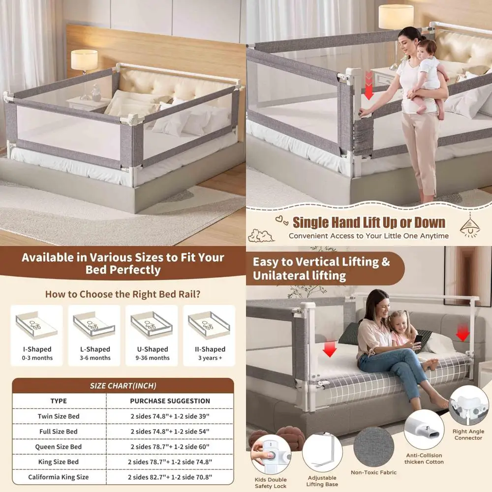 幼児用3ピースクイーンサイズベッドレール - 高さ調節可能なベビーベッドレールガード（ヘッドボードロッド付き）、クイーンサイズベッド用安全ベッドレール