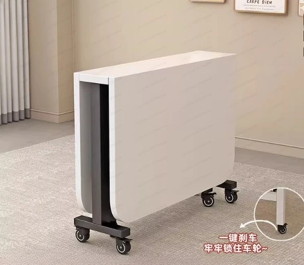 Folding Dining Table for Small Apartments – Household Push-Pull Eating Table with Wheels, Space-Saving Design for Living Room