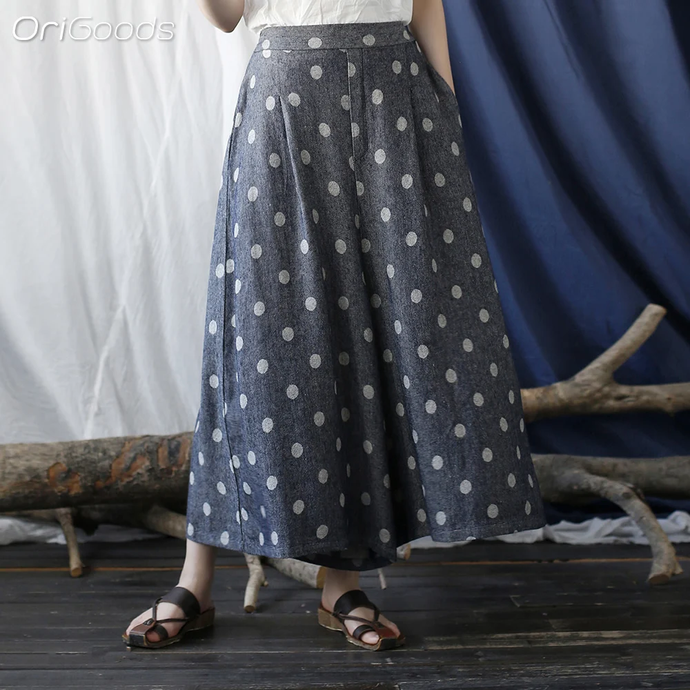 OriGoods Wide Leg Pants Skrit Women Cotton Linen Loose Dot Print Vintage Pants Korean Style Wide Leg Pants Woman 2024 X067