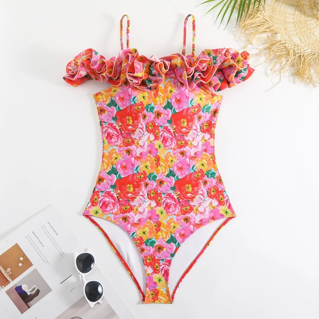 Floral impresso fora do ombro plissado swimwear com capa, conjunto de biquíni sexy, maiô de luxo, praia bodysuit, Monokini, 2022