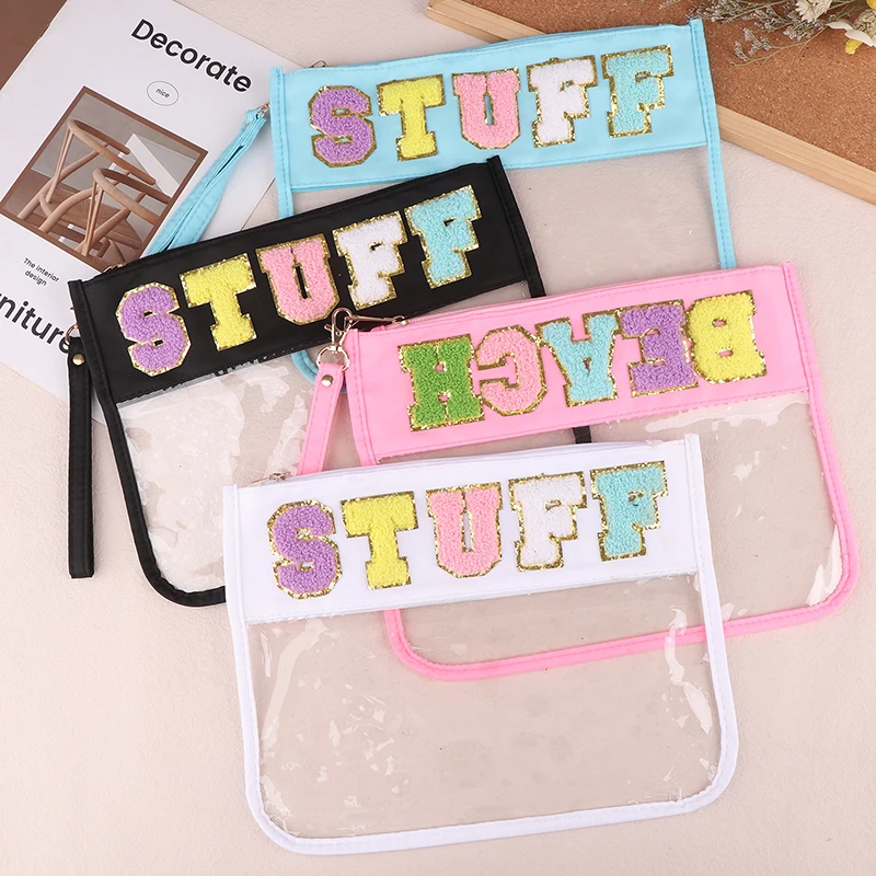 

Transparent Travel Waterproof Cosmetic Bag Creative Letters Patch Handheld Makeup Organizer