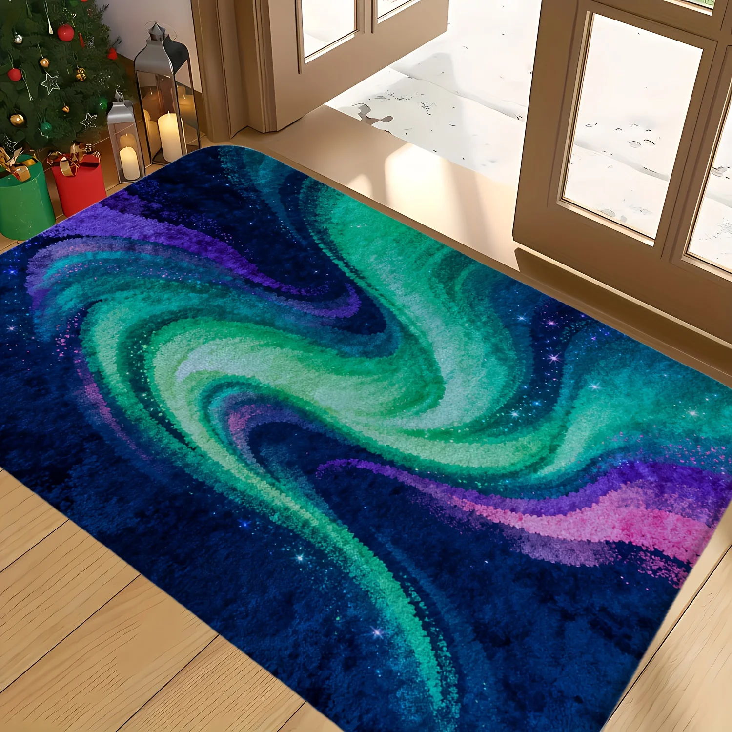 Northern Lights Printed Flannel Doormat With Galaxy Swirl And Star Design Soft Non Slip Welcome Mat For Home Entryway Decor