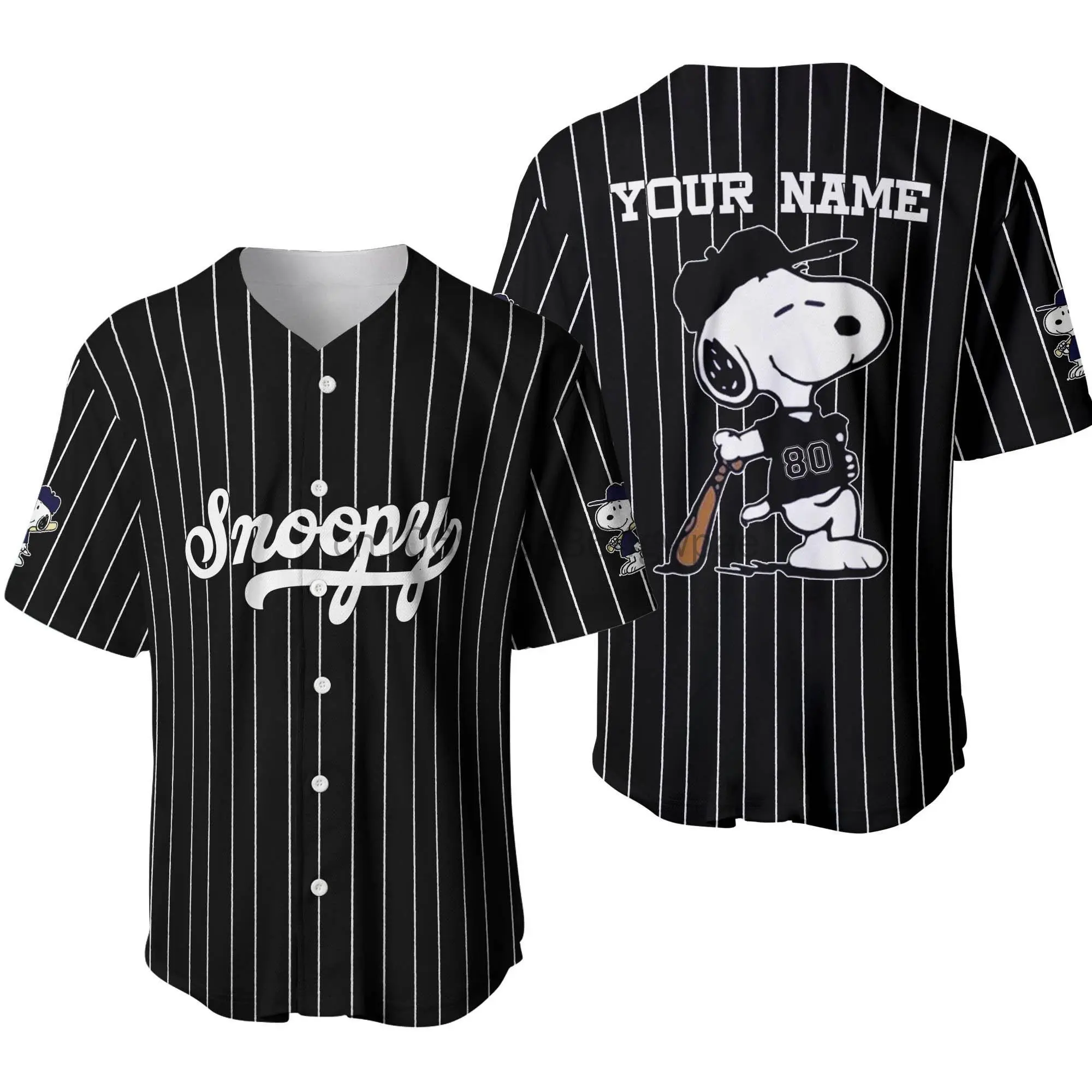 Personalized Snoopy Cartoon Baseball Jersey Men\'s Women\'s Casual Short Sleeve Button Up Sports Jersey Fashion Retro Shirt