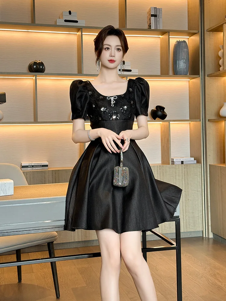 

Coigarsam Long Dress Women Summer New Office Lady French Style Solid Puff Sleeve Zipper Square Collar High Waist Black Dresses