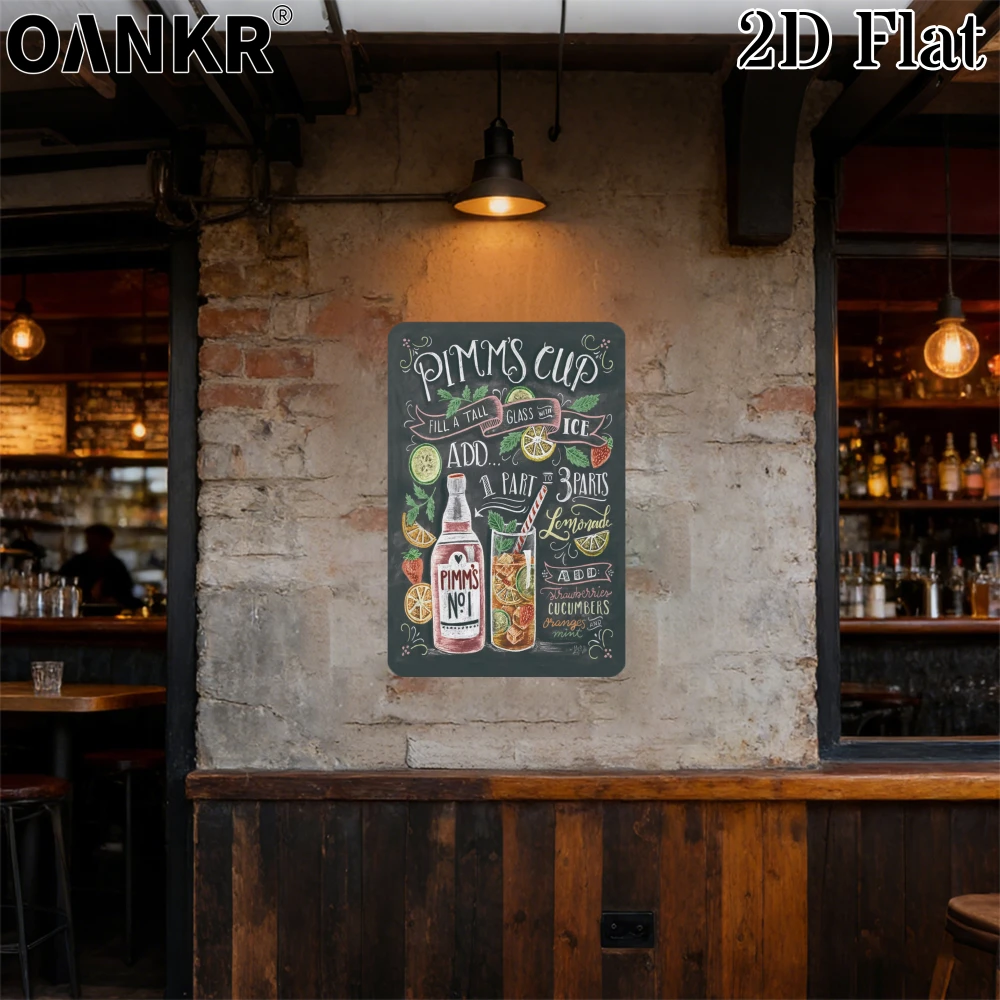 Letrero Metálico Vintage de Arte y Cócteles, Regalo Ideal de 12x8 Pulgadas, Placa Metálica con Receta de Pimms Cup para Decoración de Pared de Bar en Casa