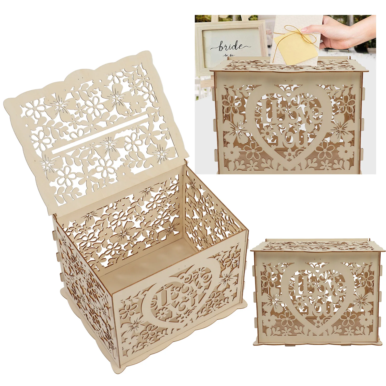 DIY Hollow Wooden Box Gift Card Case Wedding Reception Decoration Box Easy Assembly