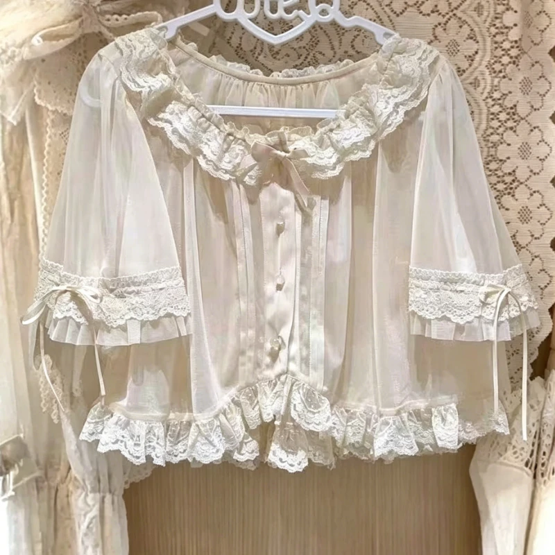 Sweet Japanese Vintage Lolita Dress Women Versatile Lace Shawl Bow Ruffle Doll Collar Puff Sleeve Drawstring Daily Women Clothes