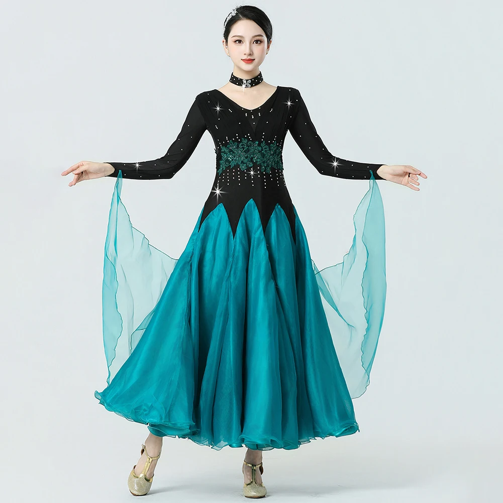 Big Dress Waltz Yellow Dress 2026 High Quality Green Ballroom Dance Standard Dress Practice Wear V-Neck Rhinestone Red Costume