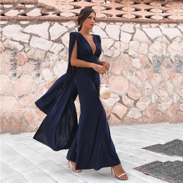 Monos de gasa azul marino para mujer vestidos de noche con capa vestido Formal elegante barato