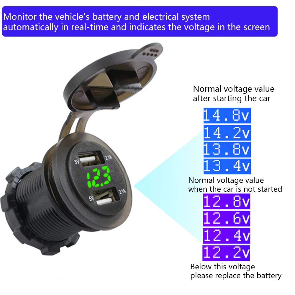 2.1A 4.2A DC Dual Port Charger Car USB Socket Cigarette Lighter Adapter 12V/24V LED Voltmeter ast Charger for Marine Boat