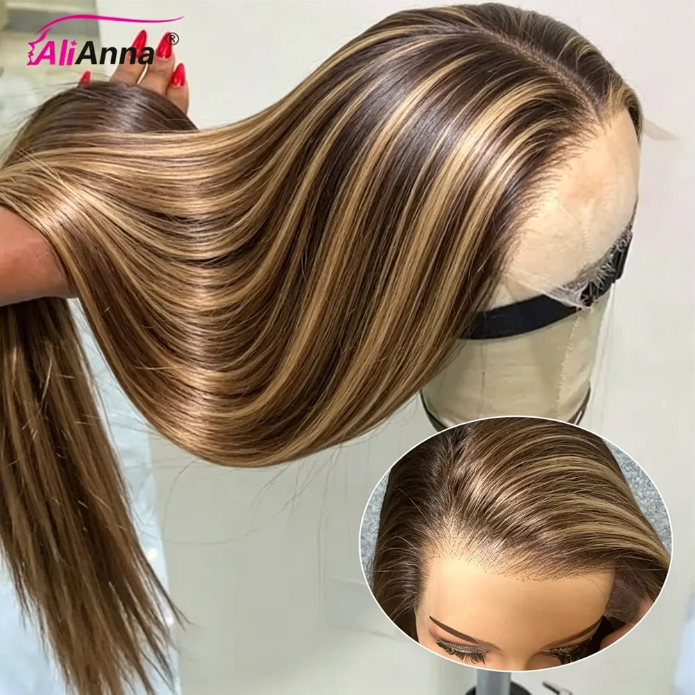 Parrucca con rete frontale in pizzo HD 13x4, capelli umani, densità 250, con mèches, lunghezza 34 pollici, capelli lisci, con ciuffo naturale, pre-arricciata, con ciuffo per la zona del cuoio