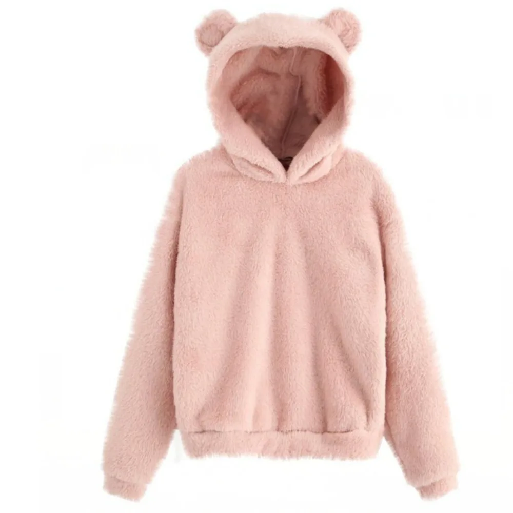 

Streetwear Long Sleeve Bear Ear Hoodies Outwear Fuzzy Plush Hoodies Pullover Clothes Solid Color Fleece Sweatshirt Autumn