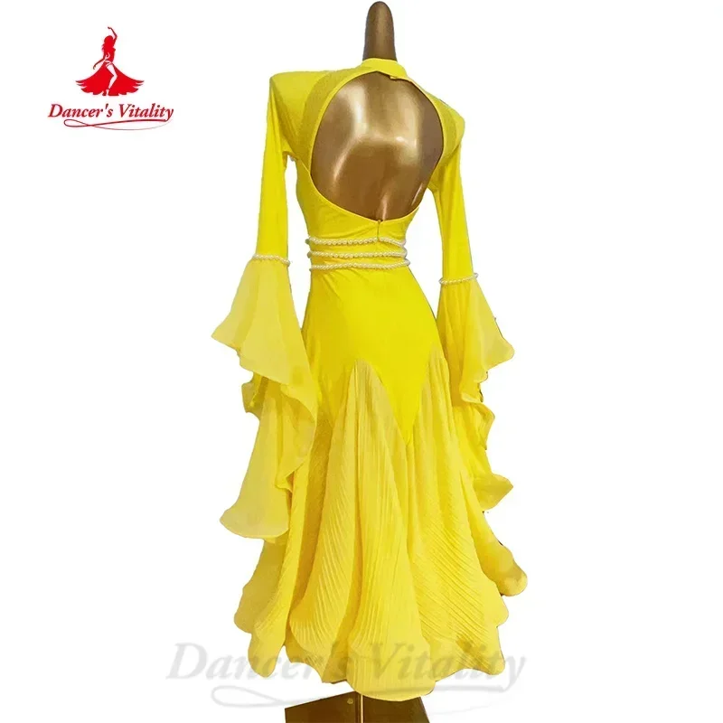 Ballroom Dance Performance Costume for Women Waltz Dance Hall Competition Dress Customized Exquisite Pearl Long Sleeved Dresses