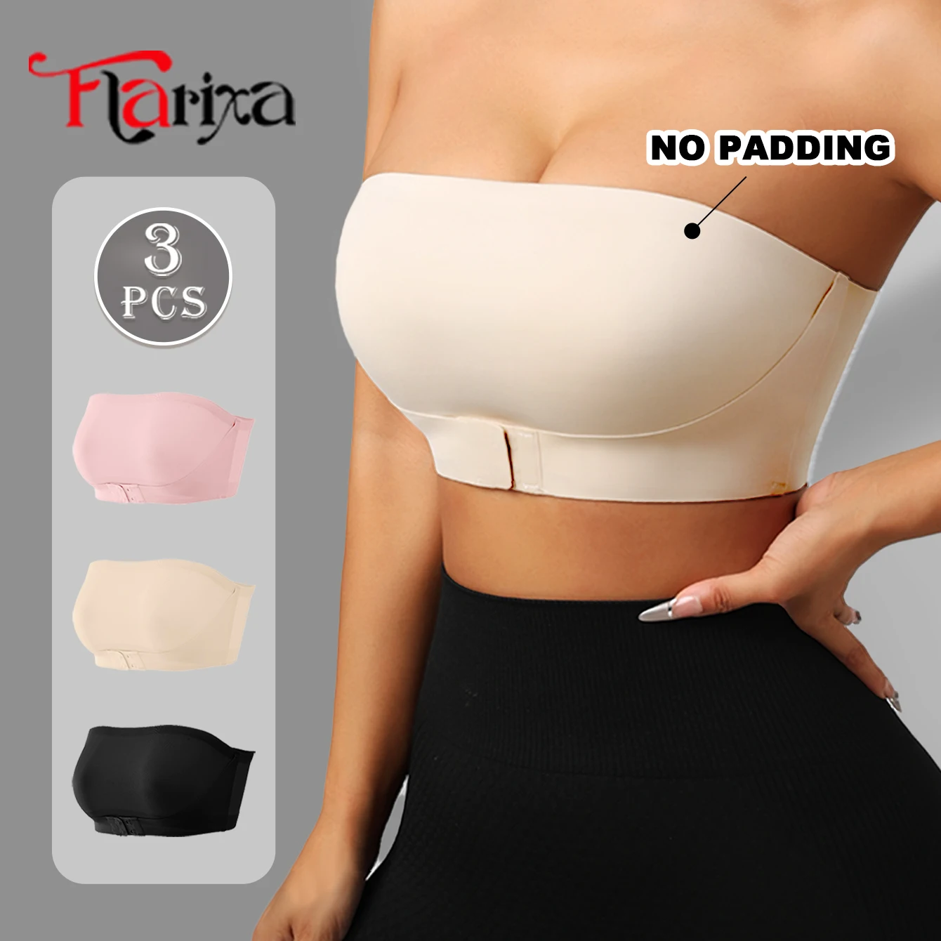 Flarixa 3-teiliger trägerloser BH aus Eisseide für Damen, Push-Up-Bandeau-BH, ohne Polsterung, Bralette mit Knopf vorne, rutschfeste Dessous