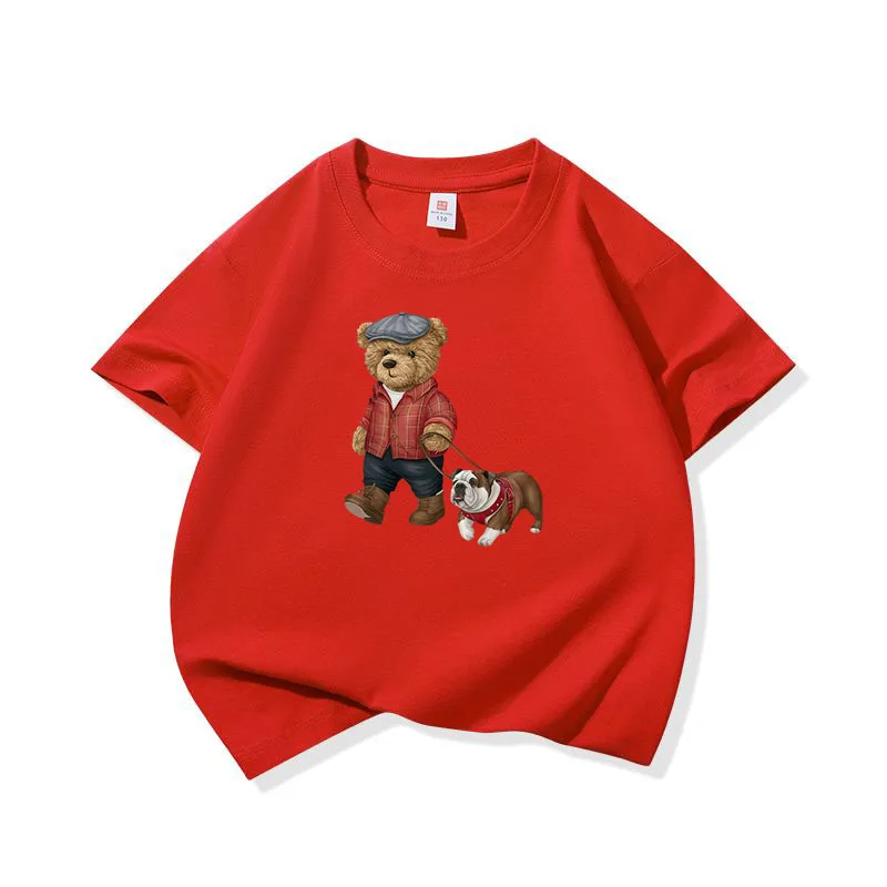 Vintage Style Bear Bulldog Graphic Tee Kids Pure Cotton Crew Neck T Shirt Short Sleeve Muticolor Tops For Boys Girls Children