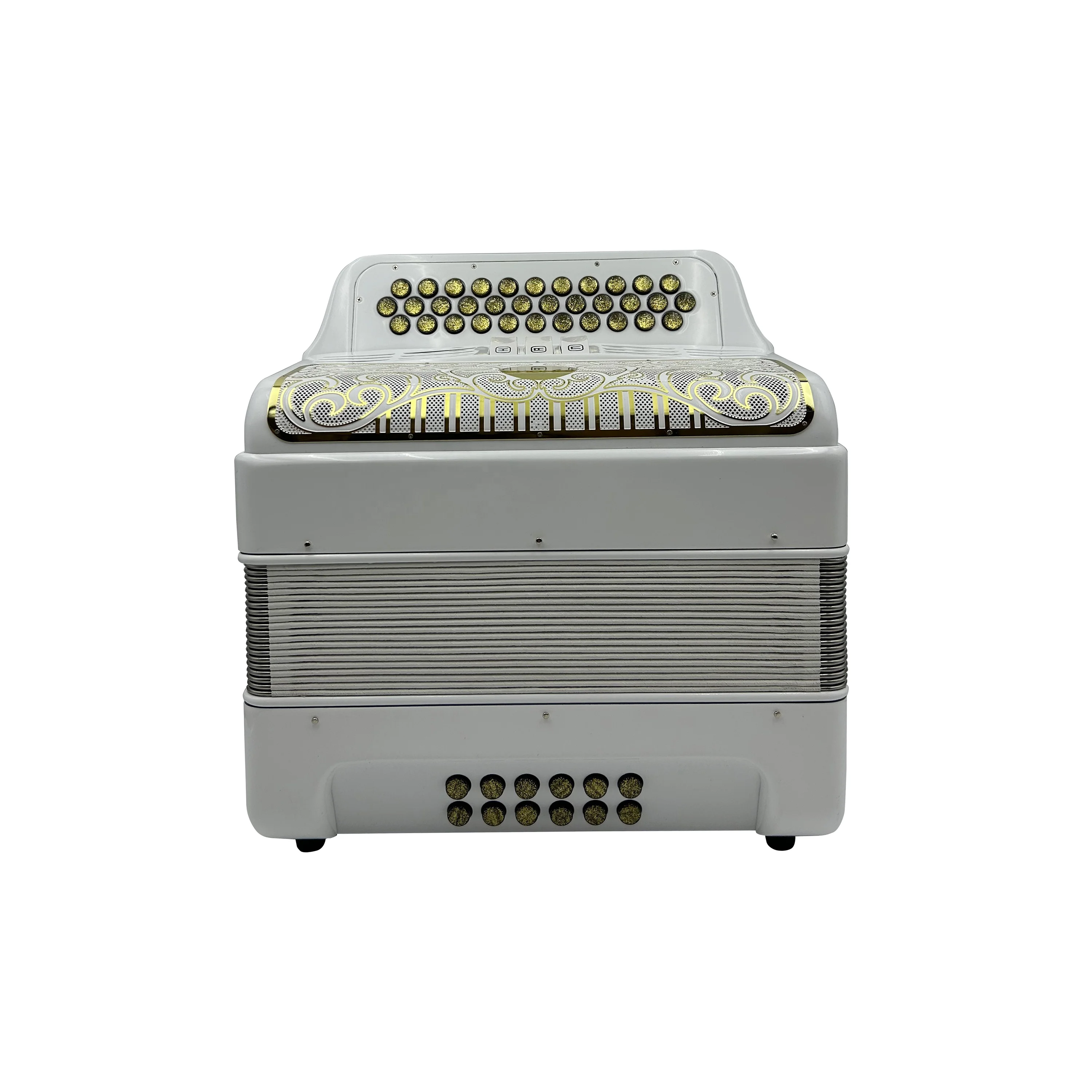 

Factory Diatonic Accordion 34-Button 12-Bass 3-Registers Bright White JB3412C Gold Buttons White Gold Grill Musical