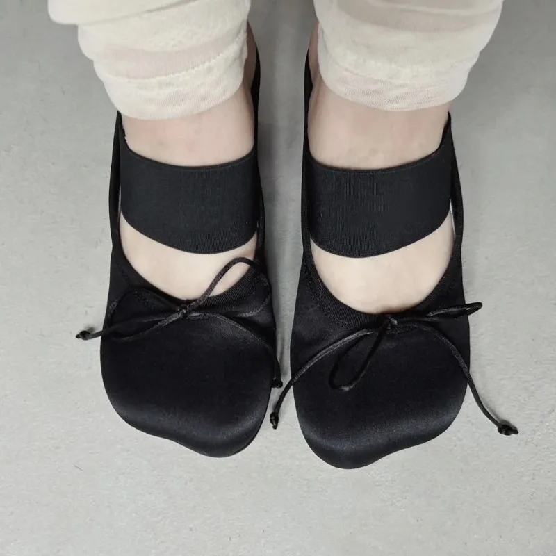 French-style satin bow shallow Mary Jane shoes for women, 2026 spring-summer new vintage casual chunky heel ballet shoes