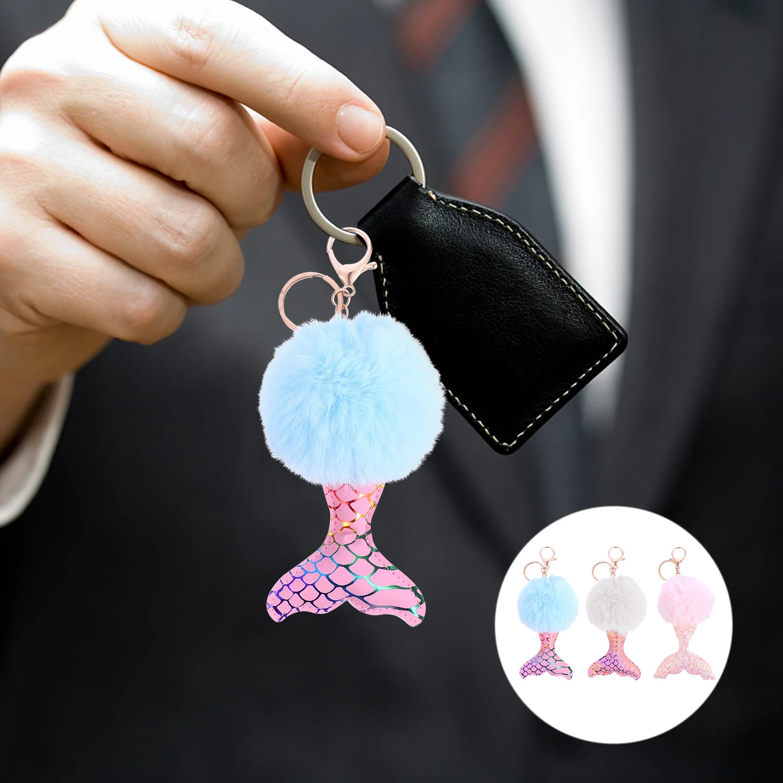 

1Set Fishtail Key Chains Assorted Colors Soft Ball Bag Pendants Metal Buckle Lovely Key Holder Gift for Keys Luggage Decoration