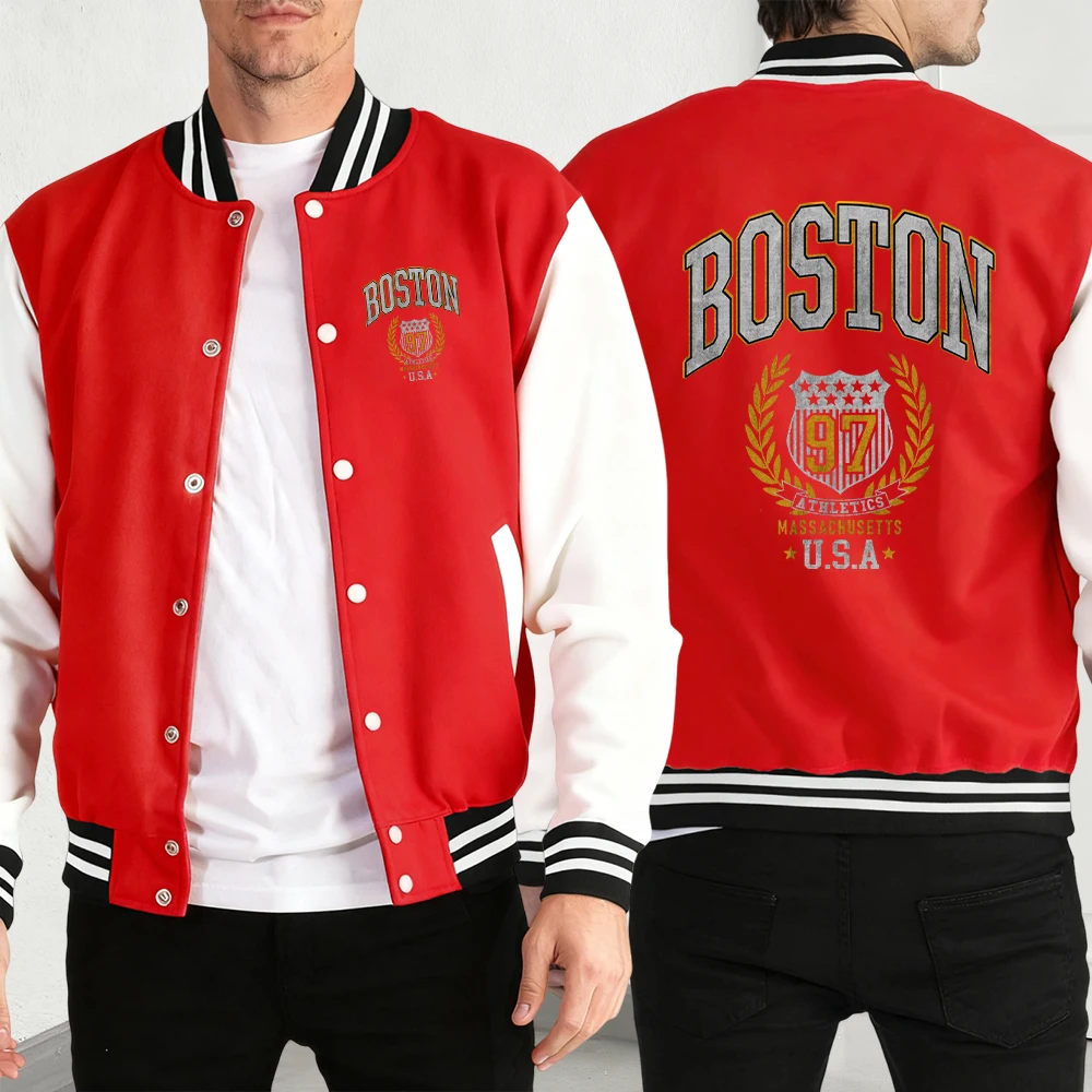 

Мужская свободная бейсбольная майка с принтом Бостон Массачусетс, модные куртки большого размера, спортивная мужская одежда на пуговицах, уличное осеннее пальто