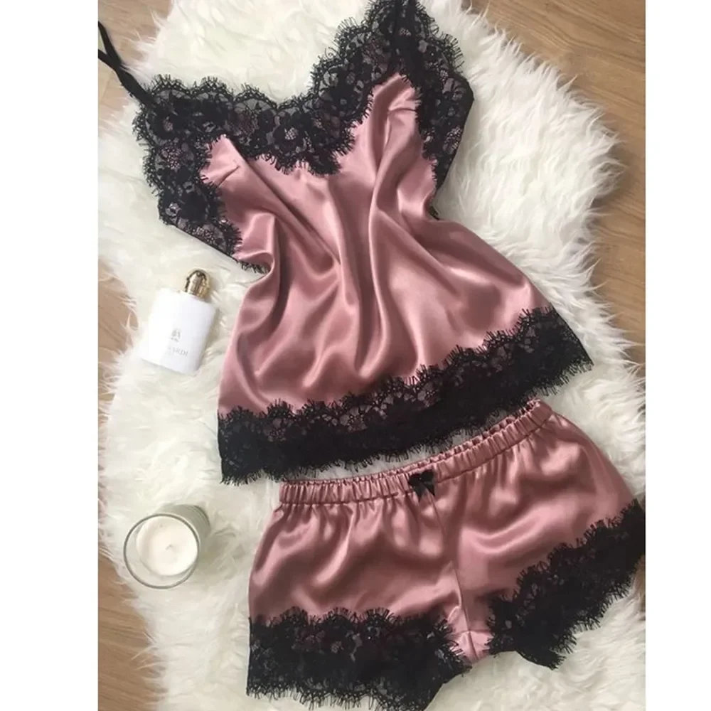 

Women Pajama Suit Fashion V-Neck Stretch Satin Babydoll Lace Sexy Lingerie Bowknot Pyjamas Sleep Shorts Set Sleepwear New