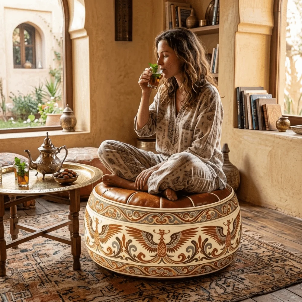 Retro Ethnic Style Sofa Stool Cover Phoenix Pattern Space Saving Round Footstool Cover Unfilled Foldable Pouf Cover