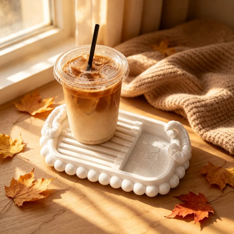 Elegant Pearl-Edged Drink Drip Tray, Raised Grid Coaster, Atmospheric Tabletop Tray That Catches Condensation, Protecting the Table Surface from Water Marks and Stains