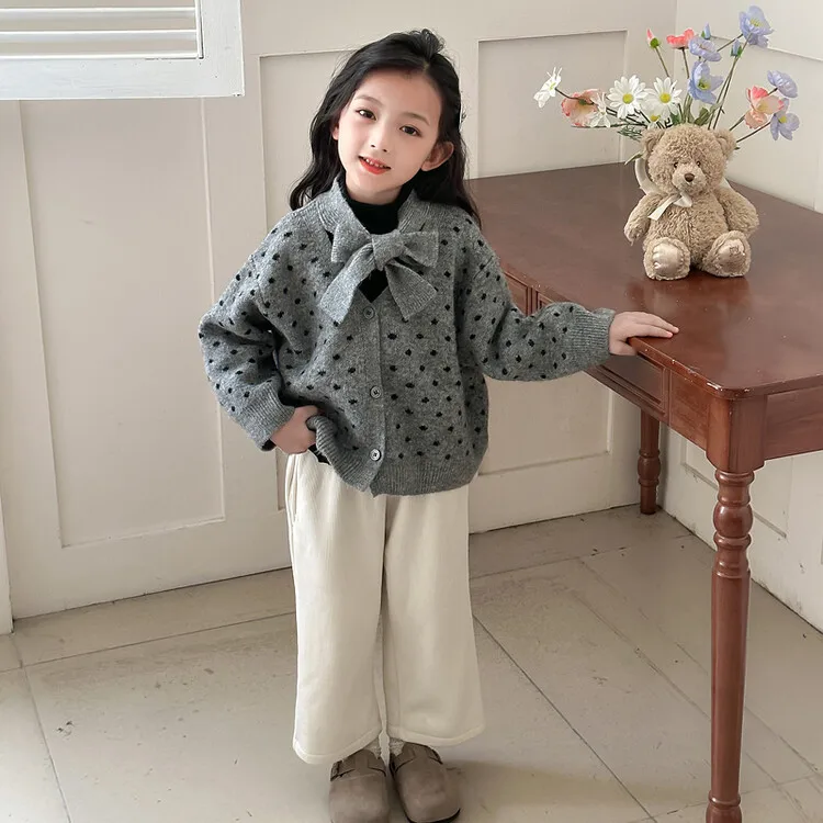 Autumn 2024 Children Girl Sweater Cotton Dot Printed Knotbow Collar Knitted Baby Girl Cardigan Long Sleeve Soft Little Girl Coat